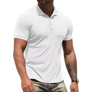 🆕Men White Polyester Polo Shirt Slim Fit Casual Summer Short Sleeve Workout